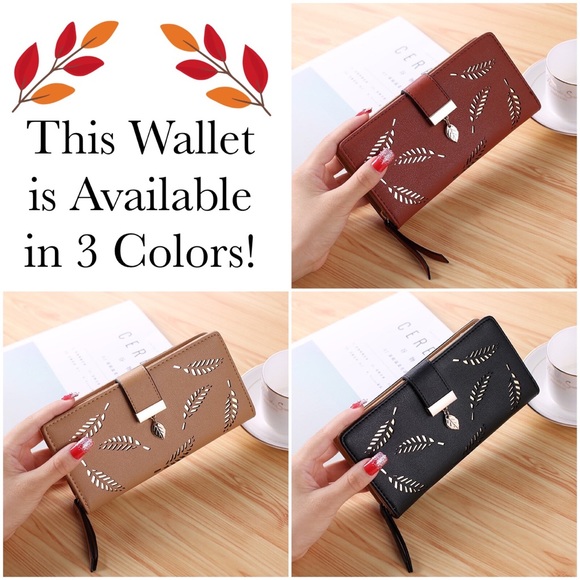 Cinnamon Brown and Gold Leaf Vegan Leather Clutch Wallet - Picture 15 of 16